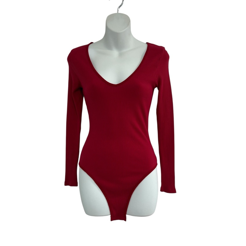 Elegant Deep Red V-Neck Bodysuit Burgundy Top Shirt